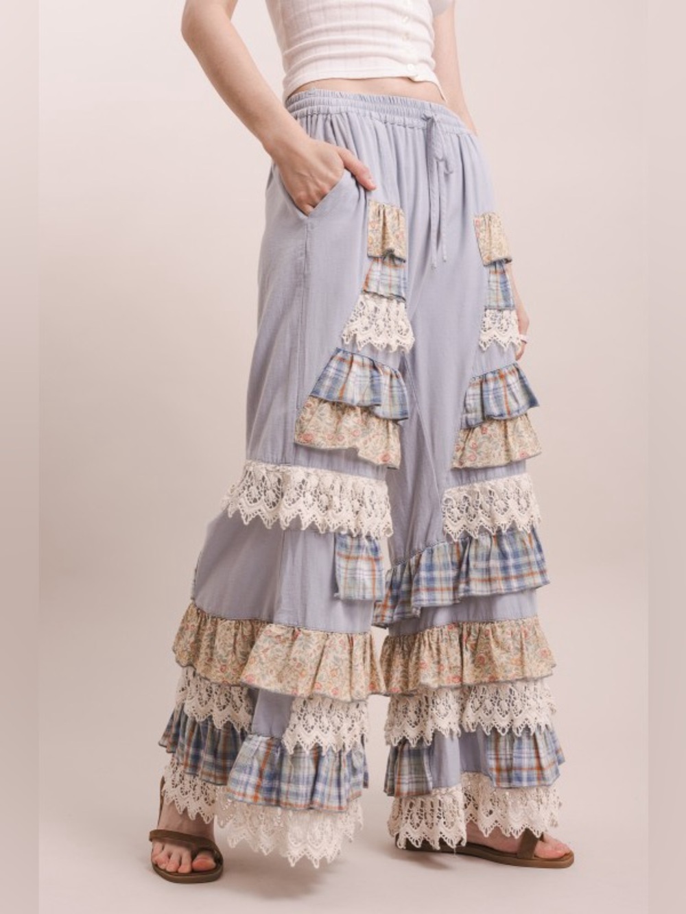 Bluevelvet mineral washed lace embroidered patchwork ruffle bohemian floral pant - Picture 2 of 5